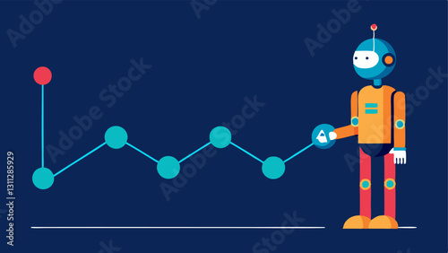 Time Series Analysis A timeline filled with points and dips with an AI figure forecasting future data points emphasizing how AI predicts based on historical time series data.