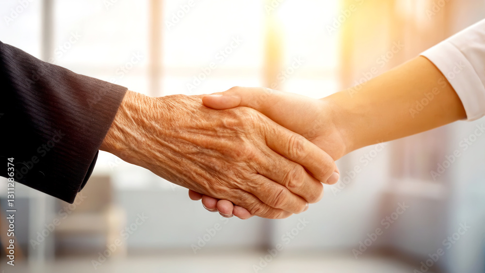Workplace diversity equality growth concept. A warm handshake between two individuals, symbolizing connection and agreement.