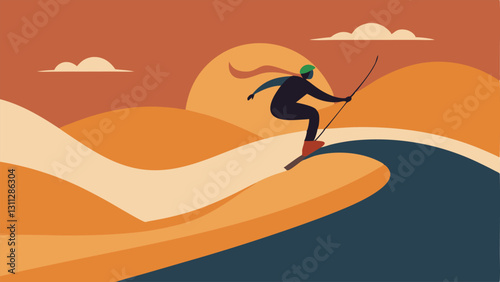 Trickster in the Desert A fun illustration capturing a skier performing a trick midair above the crest of a dune. The skier is rotated kicking up a spray of sand while a distant