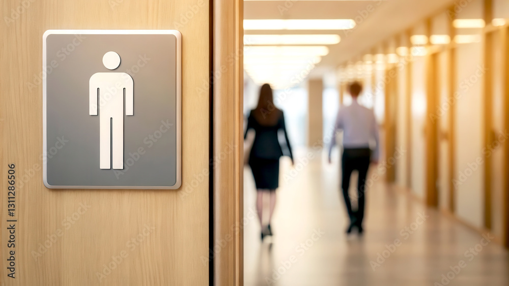 Fototapeta premium Workplace diversity equality growth concept. Restroom sign with male icon, hallway with two people walking in office environment.