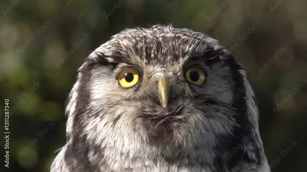 A Northern Hawk Owl, Surnia ulula, looking at the camera. This is a small species living in Northern latitudes including North America, Scandinavia and Russia A Northern Hawk Owl, Surnia ulula, looking at the camera. This is a small species living in Northern latitudes including North America, Scandinavia and Russia