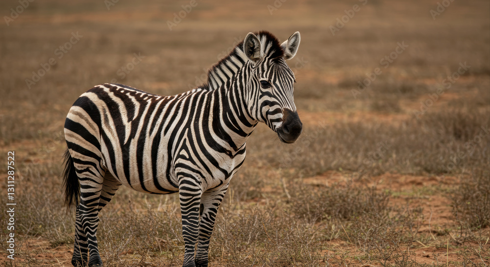 Naklejka premium A striking zebra stands gracefully in the African savanna, alert and watchful.