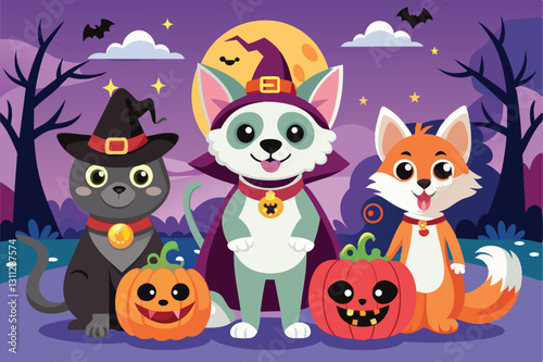 Three pets wear Halloween costumes surrounded by pumpkins and a spooky forest during a fun celebration, Pets with halloween costumes Customizable Cartoon Illustration