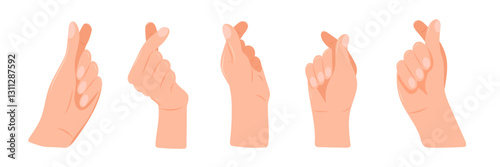 Hands showing heart symbol with fingers set. Korean heart finger gesture set. Heart finger symbol, popular Korean heart shaped gesture to express love and affection. Vector.