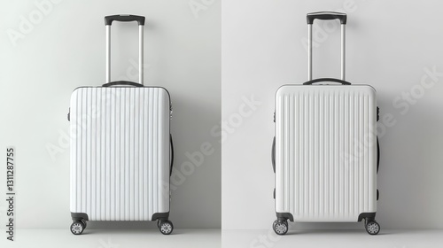 Two white travel suitcases on a white wall background, studio shot