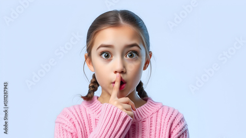 Portrait of impressed astonished girl hear confidential novelty ask dont share secret put index finger lips wear knitted pullover isolated over bright shine color background
