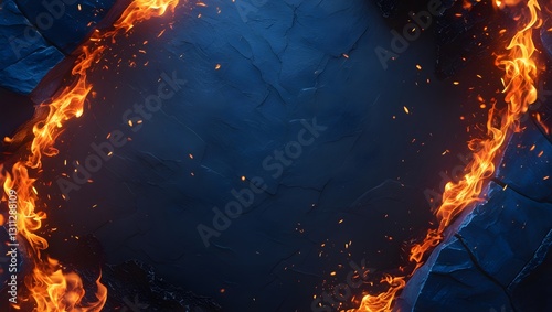 Blue Stone Texture Background with Fiery Flames and Sparks, Thumbnail background, bg