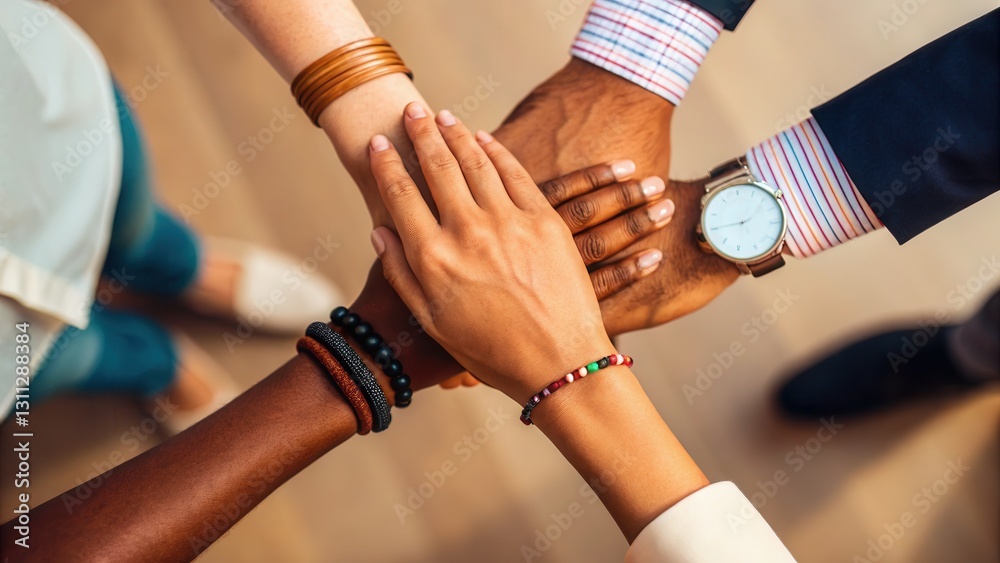 Workplace diversity teamwork perspective concept. Hands of diverse individuals united in collaboration and teamwork on a wooden surface. Workplace diversity teamwork perspective concept. Hands of diverse individuals united in collaboration and teamwork on a wooden surface.
