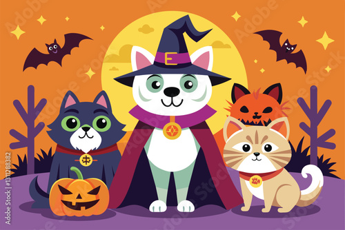 A group of costumed pets, including a cat and a dog, enjoy the Halloween festivities at night, Pets with halloween costumes Customizable Flat Illustration