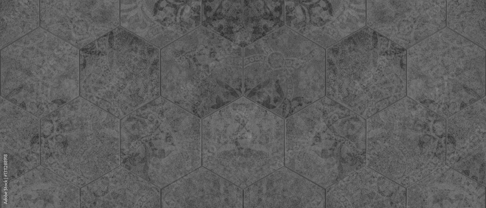 Obraz premium Old gray grey anthracite black worn vintage shabby damask patchwork hexagonal hexagon motif tiles tile mosaic stone concrete cement wall texture background banner
