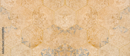 Old gray brown worn vintage shabby damask patchwork hexagonal hexagon motif t...