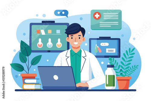 A pharmacist engages in online consultations, utilizing digital tools to assist patients effectively, Pharmacist, application for online consultations with specialist,