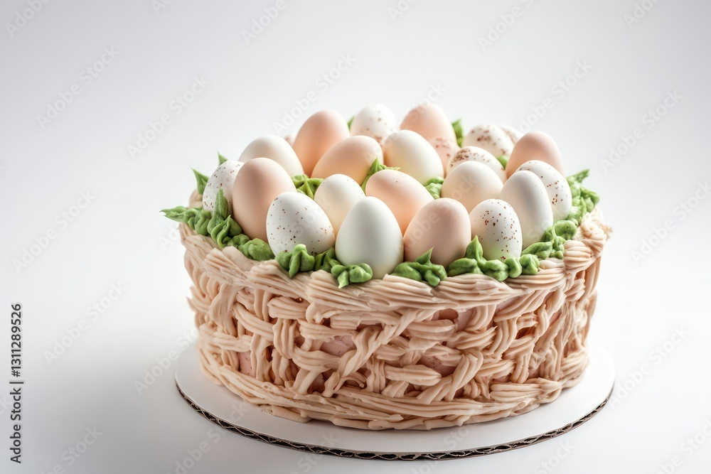 A professionally decorated Easter cake, realistic woven basket effect with fondant eggs, isolated against a clean white backdrop A professionally decorated Easter cake, realistic woven basket effect with fondant eggs, isolated against a clean white backdrop