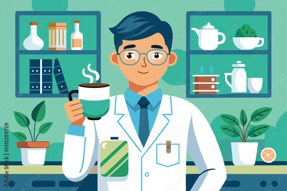 The pharmacist is holding a cup of coffee, surrounded by shelves filled with pharmaceutical items and plants, Pharmacist with a cup of coffee The pharmacist is holding a cup of coffee, surrounded by shelves filled with pharmaceutical items and plants, Pharmacist with a cup of coffee