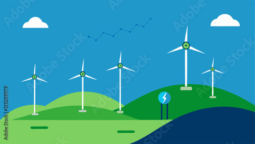 Wind Farm Integration A scene featuring multiple wind turbines on rolling hills with animated lines connecting them to a smart grid showcasing realtime data transmission to a