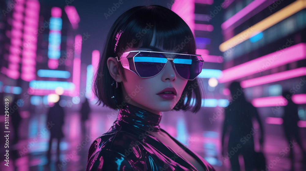 Create a cyberpunk anime-style night illustration featuring a curvy, beautiful woman with elegant glasses. She stands confidently in the foreground, her charisma illuminated by neon lights. In the bac Create a cyberpunk anime-style night illustration featuring a curvy, beautiful woman with elegant glasses. She stands confidently in the foreground, her charisma illuminated by neon lights. In the bac