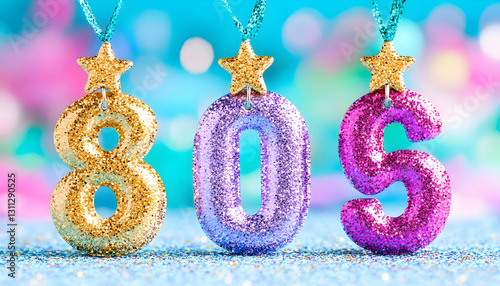 Glittery numbers hang against a colorful, festive, blurred bokeh background photo