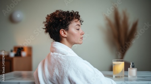 Relaxing moment captured with serene expression, cozy robe, and