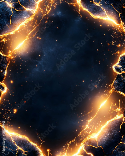 Glowing cracks illuminate a dark void, fiery energy surrounds the emptiness