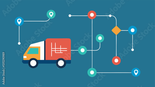 Transport Tracking A delivery truck on a road with lines connecting it to various locations on a digital map with blockchain icons indicating realtime tracking of goods in transit.