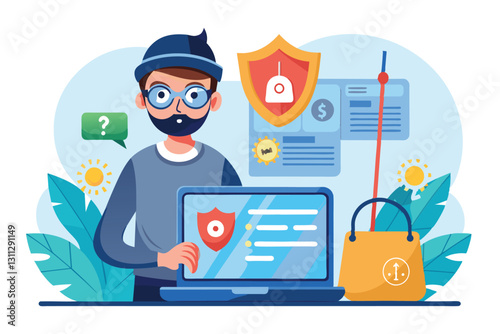 A cartoon character using a laptop displays phishing alerts and a protective shield to educate about online safety, Phishing account Customizable Cartoon Illustration