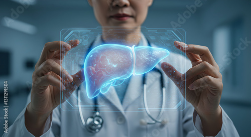 Liver model in hands of doctor, hepatic diagnostic ultrasound. Liver organ in virtual space