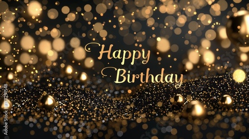 Golden Happy birthday text on a black shiny festive background