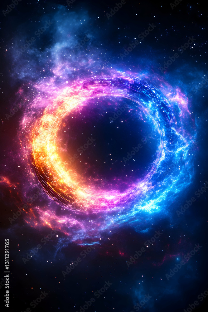Glowing nebula forming ring, visible in deep space against stellar background Glowing nebula forming ring, visible in deep space against stellar background