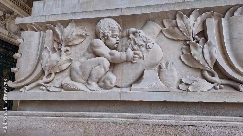 Elegant and storyteller stone relief featuring cherubs with floral elements on Grand Palais exterior facade, Paris, France. Elegant and storyteller stone relief featuring cherubs with floral elements on Grand Palais exterior facade, Paris, France.