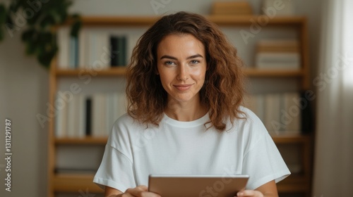 Smiling woman holding tablet in cozy room with bookshelves and p