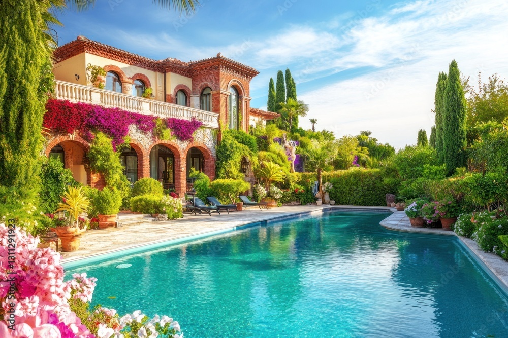 Fototapeta premium Luxurious Mediterranean villa with pool and vibrant garden. (1)