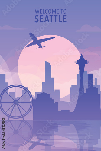 Welcome to Seattle, Washington state, USA. Gradient city poster, card with shapes of skyline, waterfront and airplane. America travel vector illustration, print, graphic