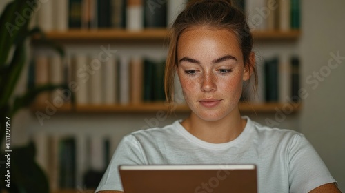 Focused young woman engaged in study with tablet, books in backg