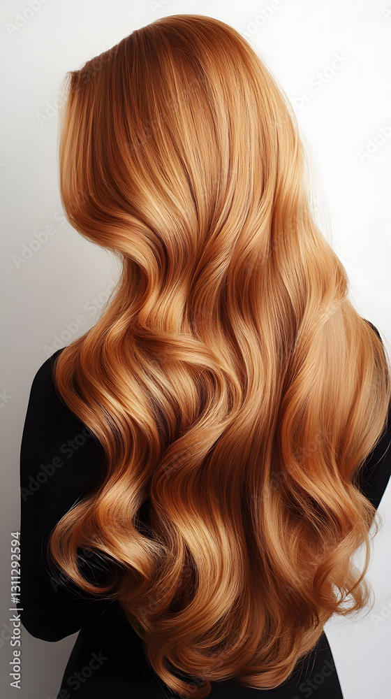 Fototapeta premium Perfectly styled long wavy copper hair flowing elegantly down the back of a person on a neutral background