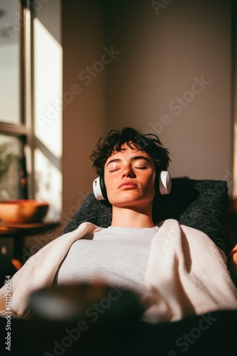 Relaxed individual enjoying soothing music, wrapped in soft blan