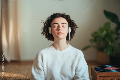 Calm atmosphere with young woman enjoying music, eyes closed, se