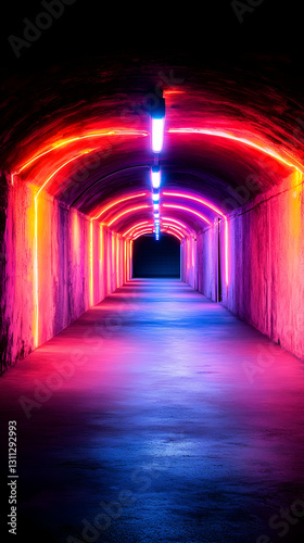 Glowing tunnel pathway ahead  interior space  dark background  vibrant colors