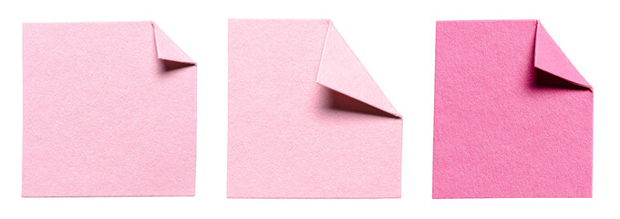 Collection set of isolated cut out blank pink paper notes with folded corner dog-ear earmark and copy space for text, transparent png background design elements