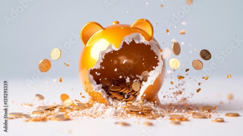 Broken Piggy Bank with Spilled Coins and Cracked Ceramic Pieces. Generative AI photo
