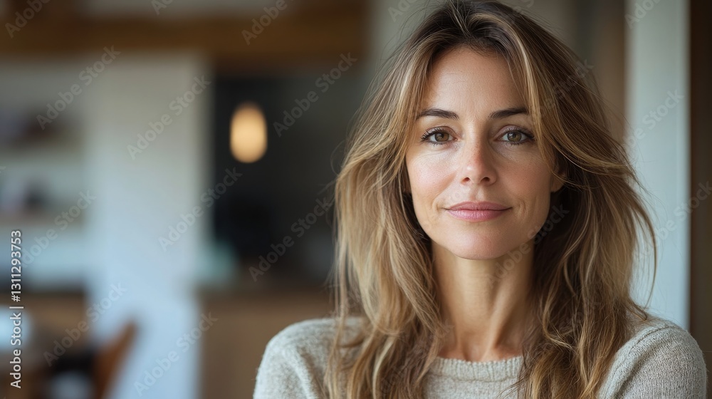 authentic portrait of 45 years old European woman at home, copy space authentic portrait of 45 years old European woman at home, copy space