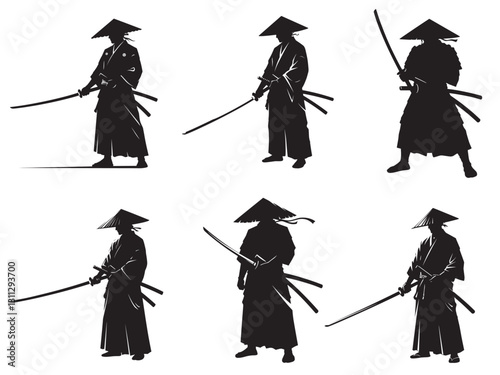 samurai warrior silhouette vector set on white background – sharp black katana design