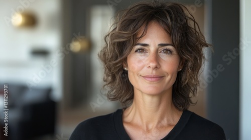 closeup portrait of 50 years old elegant French woman in black blouse at home, authentic