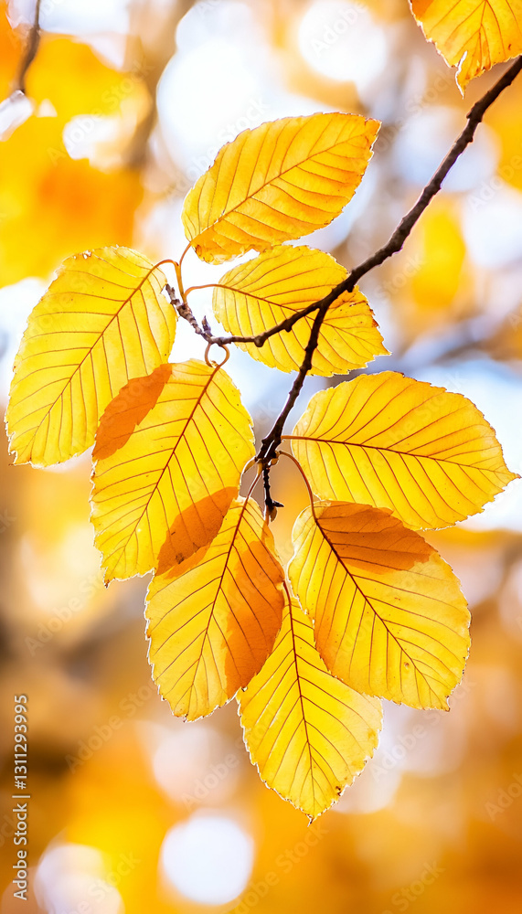 Golden autumn leaves on branch, bokeh background Golden autumn leaves on branch, bokeh background