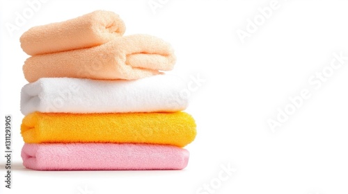 Stack of pastel towels in soft colors on a white background. Generative AI