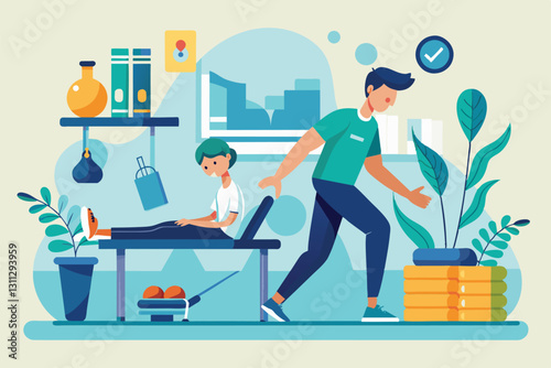 A therapist assists a patient with physiotherapy exercises in a bright, customizable flat environment, Phisiotherapy Customizable Flat Illustration