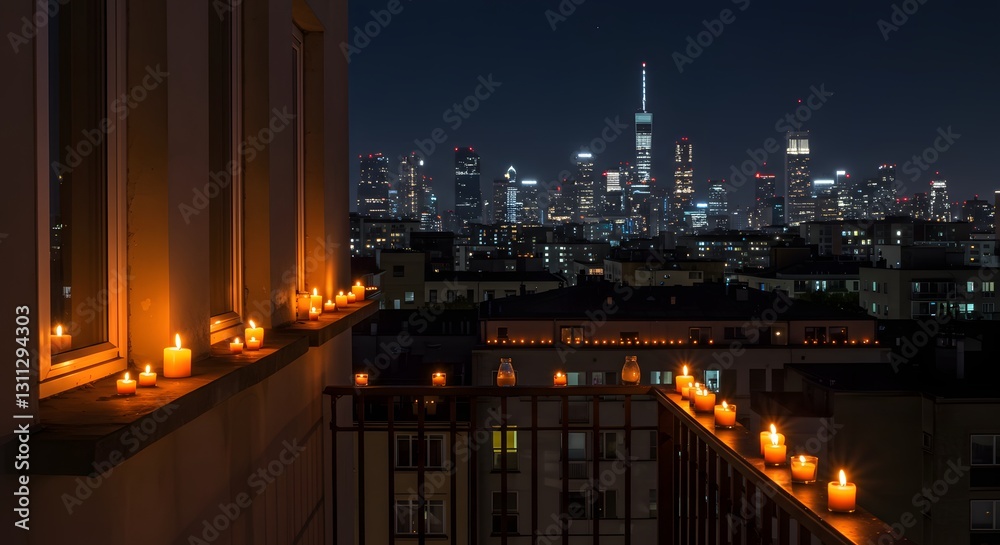Night cityscape view with candles on a balcony Night cityscape view with candles on a balcony