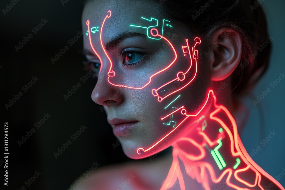 Futuristic Portrait with Neon Circuit Designs on Female Face Futuristic Portrait with Neon Circuit Designs on Female Face