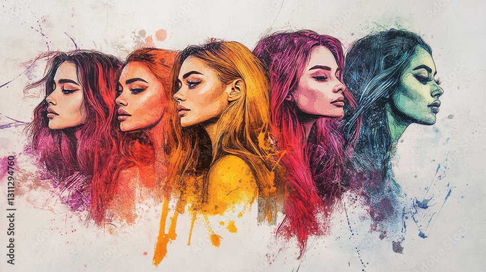 Obraz premium A vibrant depiction of five women, each with unique features and hairstyles
