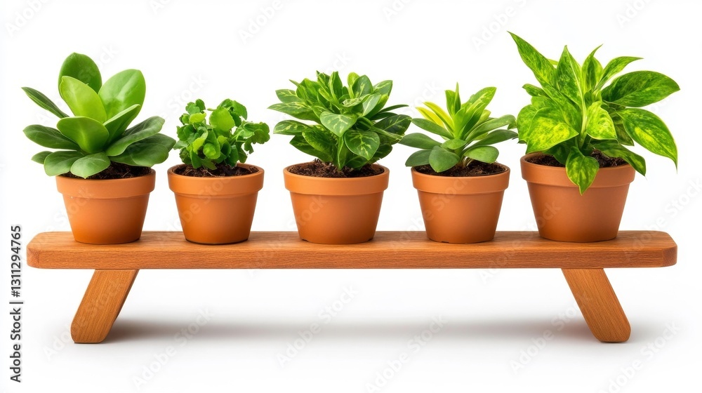 A set of five potted houseplants arranged on a wooden plant bench isolated on a white background. Generative AI A set of five potted houseplants arranged on a wooden plant bench isolated on a white background. Generative AI