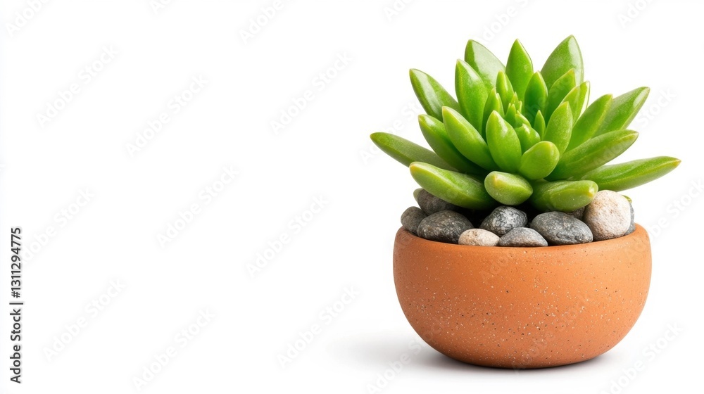 A small potted succulent plant with smooth green leaves in a terracotta pot isolated on a white background. Generative AI A small potted succulent plant with smooth green leaves in a terracotta pot isolated on a white background. Generative AI